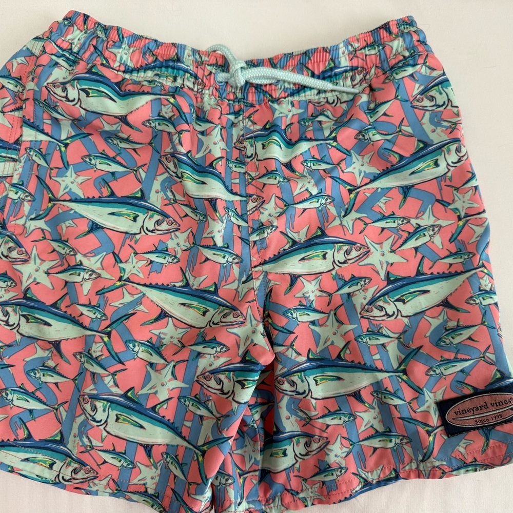 Vineyard Vines Pink & Aqua Fish Print Swim Trunks